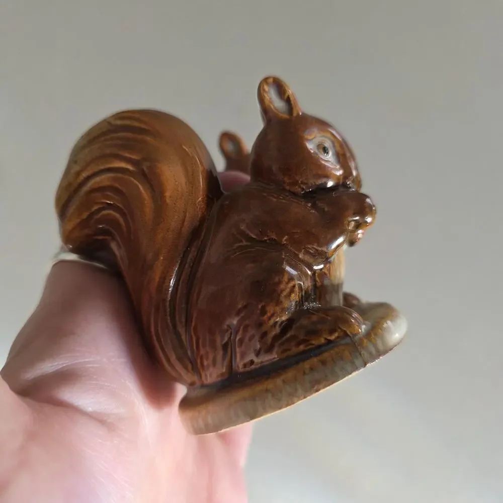 Vintage Squirrel Salt Pepper Shakers MCM Ceramic Brown Glaze W/ Stoppers 3
